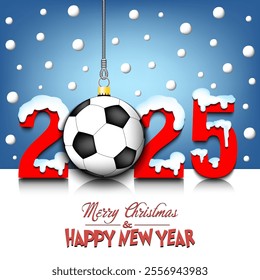 Merry Christmas and Happy New Year. Number 2025 and soccer ball as a Christmas decorations hanging on strings amid falling snow on a mirror surface. Pattern for greeting card. Vector illustration