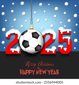 Merry Christmas and Happy New Year. Number 2025 and soccer ball as a Christmas decorations hanging on strings amid falling snow on a mirror surface. Pattern for greeting card. Vector illustration