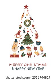 Merry Christmas and Happy New Year. Festive beauty with Santa Claus, snowman, gifts, tree, holiday icons. Ideal for greeting cards, posters, holiday covers, banners and flyers.