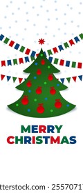 Merry christmas, happy new year greeting card, wallpaper. Christmas tree, snow. Creative design for postcard, invitation, greeting card, banner. Party event decoration, vector illustration