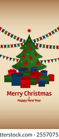 Merry christmas and happy new year greeting card, wallpaper. Christmas tree, gift box. Creative design for postcard, invitation, greeting card, banner. Party event decoration, vector illustration