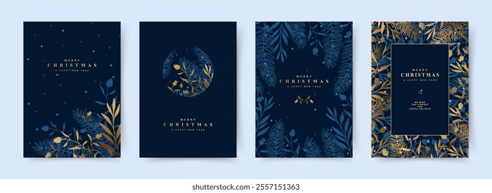 Merry Christmas and Happy New Year greeting Card Set. Winter Luxary Background with a pattern of golden pine branches and berries. Vector templates for advertising, party invitation card, business