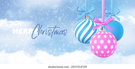 Merry Christmas and Happy New Year. Greeting card, poster, holiday cover. There are blue and pink New Year s balls in the clouds. Vector illustration