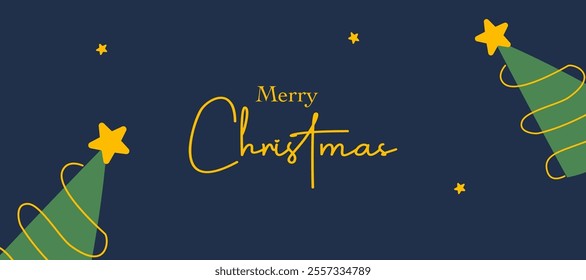 Merry christmas and happy new year mininalist greeting with christmas tree and star element on blue horizontal background good for sale, advertisement promotion, card, gift, poster, flyer and banner.