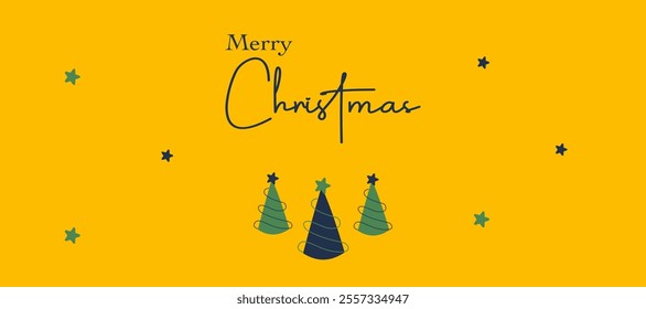 Merry christmas and happy new year mininalist greeting with christmas tree and star element on yellow horizontal background good for sale, advertisement promotion, card, gift, poster, flyer and banner