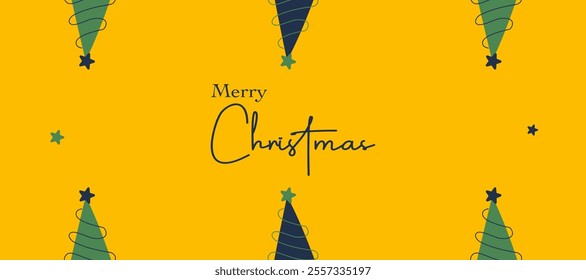 Merry christmas and happy new year mininalist greeting with christmas tree and star element on yellow horizontal background good for sale, advertisement promotion, card, gift, poster, flyer and banner