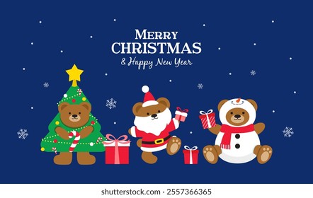 Merry christmas and happy new year greeting card vector design. Cute Teddy Bear in Xmas costume
