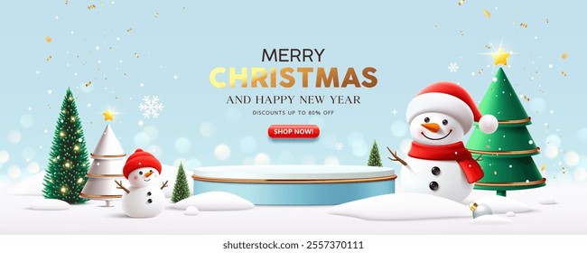 Merry Christmas and happy new year podium, Snowman, pine tree, banner design white snow, on blue background, Eps 10 vector illustration