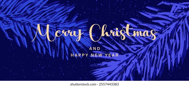 Merry Christmas and Happy New Year banner, postcard. Christmas blue background with fir tree branches and snow. Vector design for posters, cover, advertising.