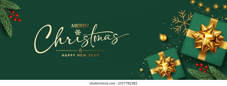 Merry christmas and Happy new year 2025, gift box green color gold ribbon, christmas ornaments, banner design on green background, Eps 10 vector illustration
