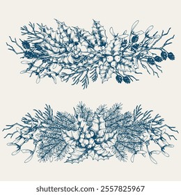 Merry Christmas and Happy New Year arrangements with pine branches and holly berry leaves. Hand drawn vector illustration. Vintage blue shade card.