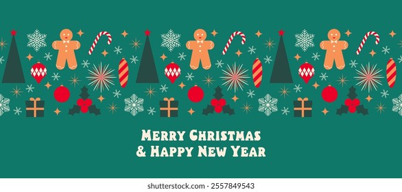 Merry Christmas and Happy New Year horizontal holiday banner. Modern winter border design with Christmas tree, tree decorations, snowflakes, stars, fireworks, gingerbread man and lollipop. Vector 