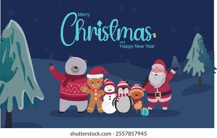 Merry Christmas and Happy New Year Promotion Poster.
Polar bear, Gingerbread, snowman, penguin, reindeer, and Santa Claus. Christmas character collection with winter background illustration.