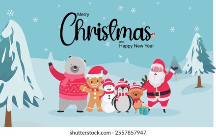 Merry Christmas and Happy New Year Promotion Poster.
Polar bear, Gingerbread, snowman, penguin, reindeer, and Santa Claus. Christmas character collection with winter background illustration.