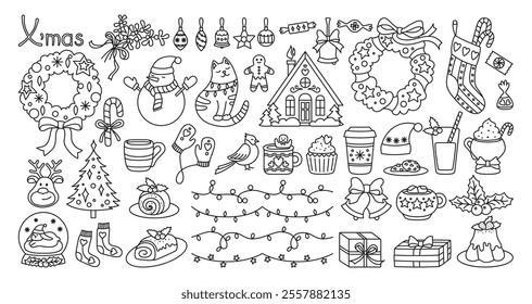 Merry Christmas and happy new year doodle element set. Xmas items cartoon illustrations outline drawing collection. Christmas tree, festive wreath, candy cane  sock gift, winter holiday decor vector