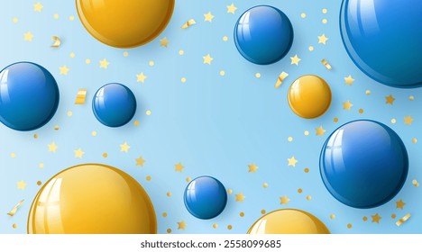 Merry Christmas and happy new year background, for shopping activities and holiday sales promotion. Blue and gold colored Christmas balls with tinsel on blue table.