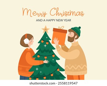 Merry Christmas and Happy New Year card. Joyful people give gifts and decorate the tree. Vector illustration