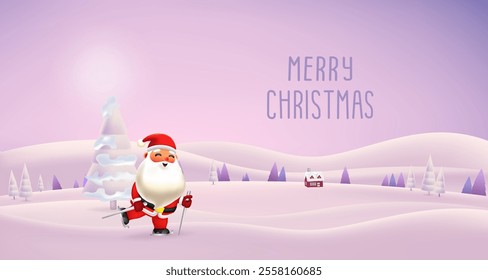 Merry Christmas and Happy New Year Winter Scene with Santa claus on purple Background