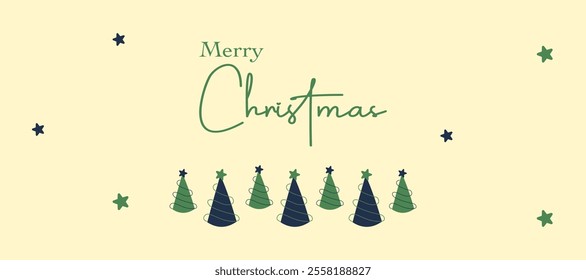 Merry christmas and Happy New Year minimalist greeting with christmas trees, bright horizontal background for sale, advertisement, promotion, card, gift, poster, flyer, and banner. Vector illustration