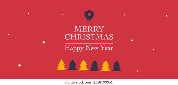 Merry christmas and Happy New Year minimalist greeting with christmas trees, red horizontal background for sale, advertisement, promotion, card, gift, poster, flyer, and banner. Vector illustration