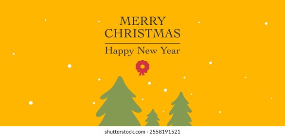 Merry christmas and Happy New Year minimalist greeting with christmas trees, yellow horizontal background for sale, advertisement, promotion, card, gift, poster, flyer, and banner. Vector illustration