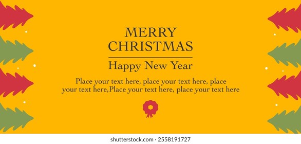 Merry christmas and Happy New Year minimalist greeting with christmas trees, yellow horizontal background for sale, advertisement, promotion, card, gift, poster, flyer, and banner. Vector illustration