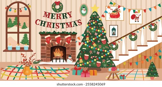 Merry Christmas and Happy New Year Winter Scene with Snowman, Santa hat, Christmas Tree, Golden snow flakes and Golden Decorations on Winter Snow vector illustration