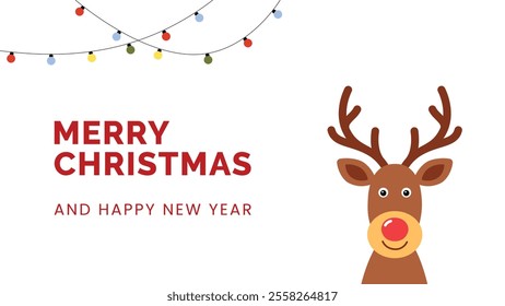 Merry Christmas and happy new year concept with reindeer and lights, minimal illustration, greeting card, background for holidays