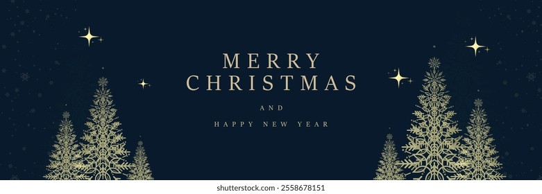 A Merry Christmas and Happy New Year is written in a clear, festive font at the top, conveying warm holiday wishes. Happy New Year banner with premium frame for Christmas. Sparkling golden stars