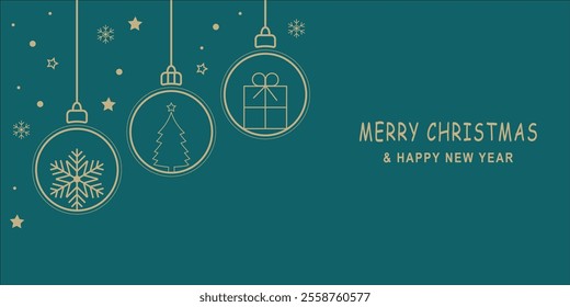 Merry Christmas and Happy New Year banner with snow baubles and snowy background. Vector Illustration for Christmas card, banner and wall paper. Designs for print, cover and wallpaper.