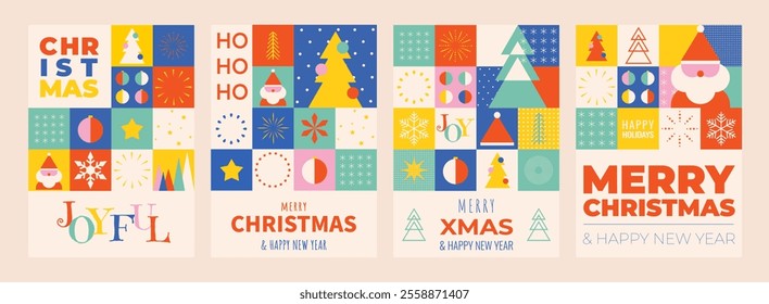 Merry Christmas and Happy New Year posters or cards in geometric style. Winter playful design for greeting cards, posters, holiday cover, banner in swiss style. Vector illustration