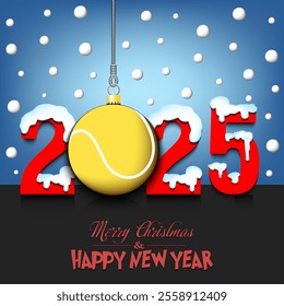 Merry Christmas and Happy New Year. Number 2025 and tennis ball as a Christmas decorations hanging on strings amid falling snow on a mirror surface. Pattern for greeting card. Vector illustration