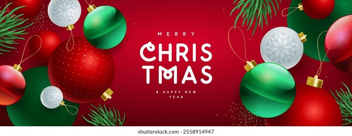 Merry Christmas and Happy New Year holiday poster or banner with 3D colorful ball spheres. Christmas red background. Vector illustration