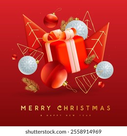 Merry Christmas and Happy New Year holiday background with 3d Christmas tree, gift box and baubles on red background. Vector illustration