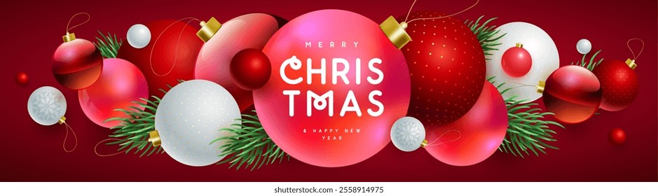 Merry Christmas and Happy New Year holiday poster or banner with 3D colorful ball spheres. Christmas red background. Vector illustration