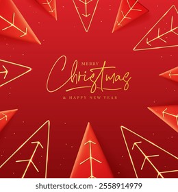 Merry Christmas and Happy New Year holiday background with 3d Christmas trees on red background. Vector illustration