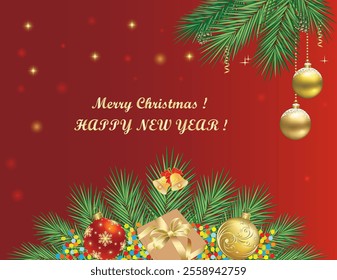 
Merry Christmas and Happy New Year 2025. Greeting card with gift boxes and balls on fir branches with confetti and bells. Christmas decorations. Vector illustration for holiday design.