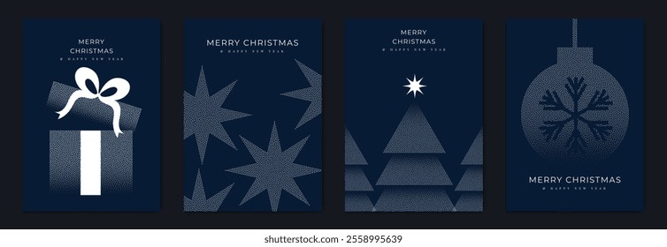 Merry Christmas and Happy New Year greeting card vector set. Luxury invitation with Christmas tree, bauble, gift, spot texture on navy blue background. Design illustration for season's card, ads.