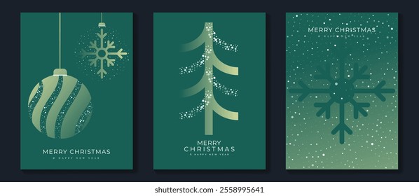 Merry Christmas and Happy New Year greeting card vector set. Luxury invitation with Christmas tree, snowflake, bauble, spot texture on green background. Design illustration for season's card, ads.