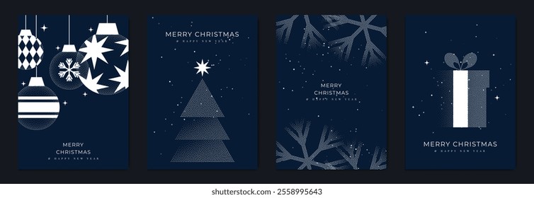 Merry Christmas and Happy New Year greeting card vector set. Luxury invitation with Christmas tree, bauble, gift, spot texture on navy blue background. Design illustration for season's card, ads.