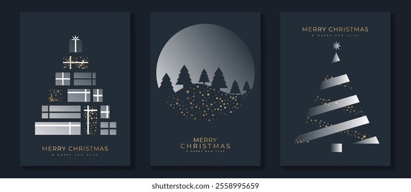 Merry Christmas and Happy New Year greeting card vector set. Luxury invitation with Christmas tree, bauble, gift, spot texture on dark background. Design illustration for season's card, ads.