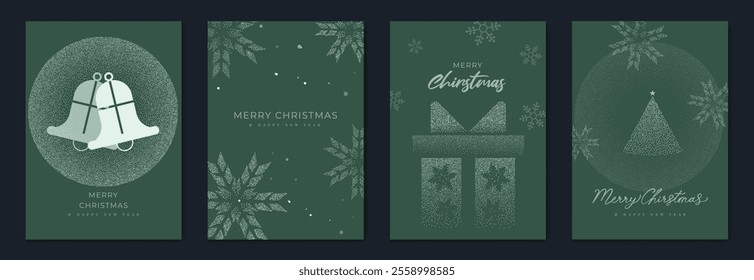 Merry Christmas and Happy New Year greeting card vector set. Luxury invitation with Christmas tree, gift, snowflake, spot texture on green background. Design illustration for season's card, ads.