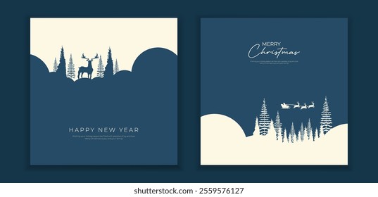 Merry Christmas and Happy New Year post and card template set with Christmas trees. forest. Fir tree. Season winter. Minimal landscape background vector illustration.