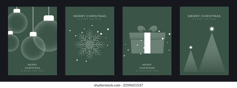 Merry Christmas and Happy New Year greeting card vector set. Luxury invitation with Christmas tree, bauble, gift, spot texture on green background. Design illustration for season's card, ads.