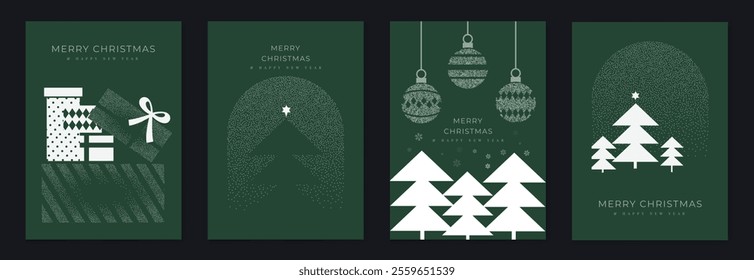 Merry Christmas and Happy New Year greeting card vector set. Luxury invitation with Christmas tree, bauble, gift, spot texture on green background. Design illustration for season's card, ads.