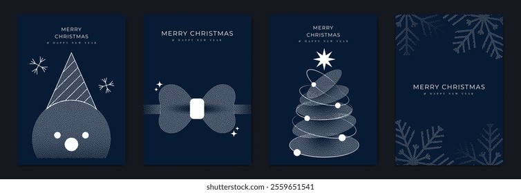 Merry Christmas and Happy New Year greeting card vector set. Luxury invitation with Christmas tree, snowman, ribbon, spot texture on navy blue background. Design illustration for season's card, ads.