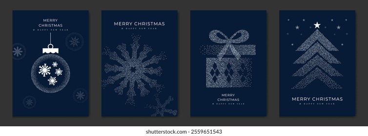Merry Christmas and Happy New Year greeting card vector set. Luxury invitation with Christmas tree, bauble, gift, spot texture on navy blue background. Design illustration for season's card, ads.