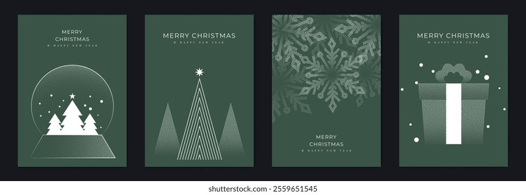 Merry Christmas and Happy New Year greeting card vector set. Luxury invitation with Christmas tree, snow globe, gift, spot texture on green background. Design illustration for season's card, ads.