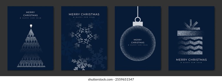 Merry Christmas and Happy New Year greeting card vector set. Luxury invitation with Christmas tree, bauble, gift, spot texture on navy blue background. Design illustration for season's card, ads.