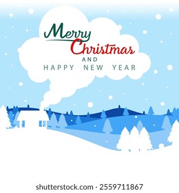 Merry Christmas and Happy New Year card featuring a cozy cottage with chimney smoke, snowy hills, pine trees, a blue winter sky, and festive typography.